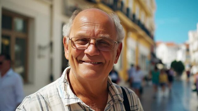 Smiling senior man looking at the camera at an European city in summer