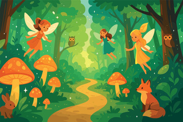 Group of fairies flying through a forest with mushrooms and a fox