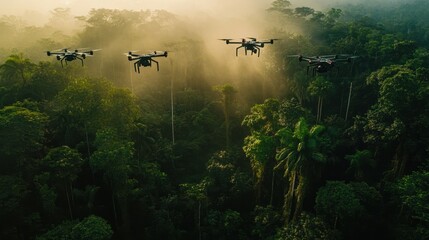 Naklejka premium An anti-deforestation system deploying drones to monitor illegal activities in the rainforest.