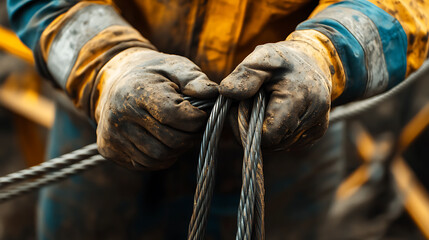 Worker's Hands Holding Steel Cable