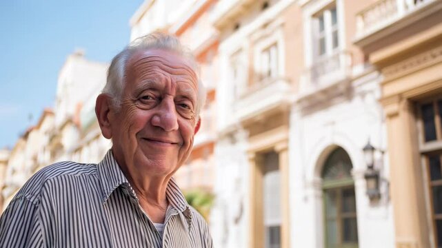  Smiling senior man looking at the camera at an European city in summer