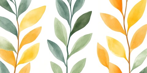 Watercolor leaves pattern in green, yellow, and orange on white background