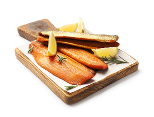 Smoked herrings, lemon and rosemary on white background