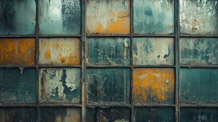 Weathered industrial window grunge texture: rusted metal and distressed paint panels