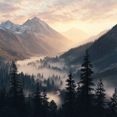 Obraz premium Misty Mountain Valley at Sunrise