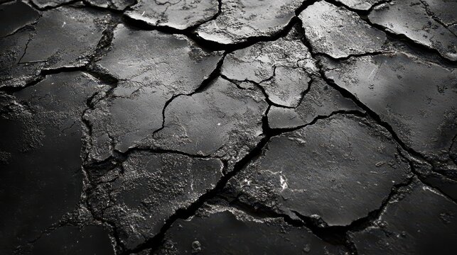 Close-up view of cracked black asphalt surface showing texture and details