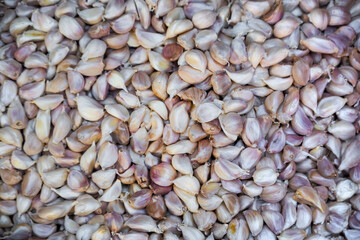 Many large Garlic Cloves up for sale in outdoor market place at Thailand
