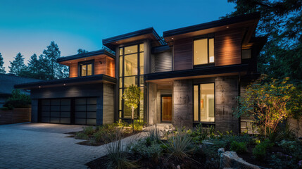Modern home exterior at dusk