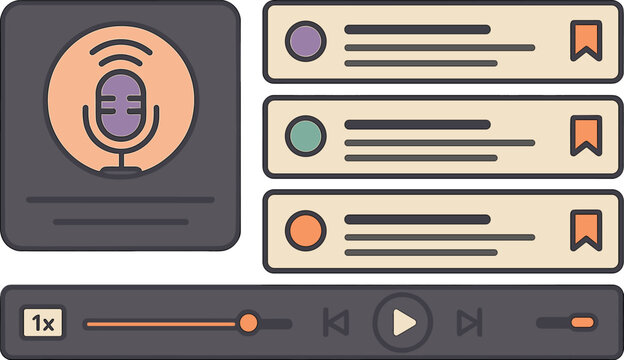 Vector illustration of a podcast listening interface with episode list, playback bar, speed toggle, and bookmarks. Contemporary media style, no text, transparent background. - Powered by Adobe