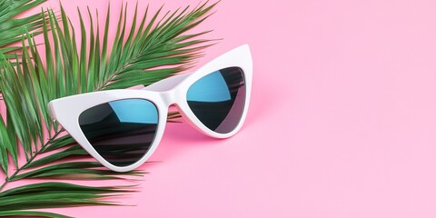 White cat eye sunglasses with palm leaf on pink background