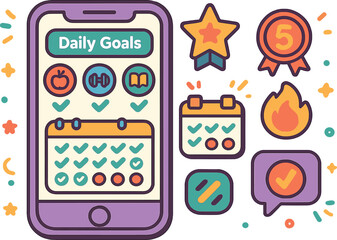 Vector illustration of a gamified habit tracker app with daily goals, achievement badges, streak counter, and calendar view. Colorful and motivational style, no text, transparent background