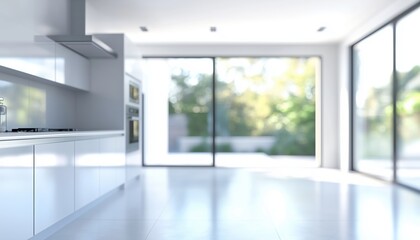 Fototapeta premium Blurred Image Of A Contemporary Home'S Bright Modern Kitchen With White Cabinets, Large Windows, And Stainless Steel Appliances.
