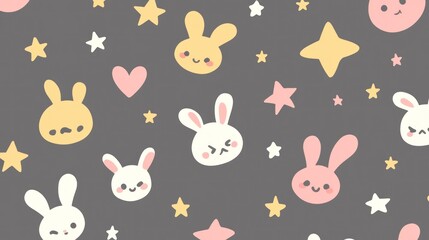 Fototapeta premium Cute rabbit and star pattern on dark gray background