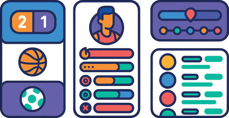 Vector illustration of a sports tracking app with match scores, player stats, game timeline, and leaderboard. Bright, energetic interface, no text, transparent background