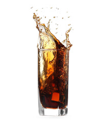 Cola splashing out of glass isolated on white