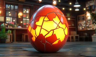 Glowing cracked egg in a cafe at night