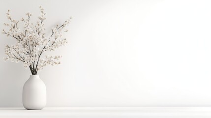 A white ceramic vase with delicate branches of artificial flowers on a minimalist white shelf, modern interior design concept, and clean and elegant composition.