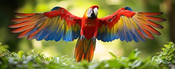 Obraz premium Vivid macaw flaunts colorful wings amidst lush tropical foliage