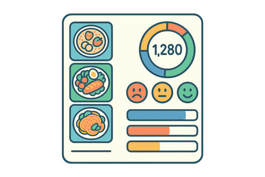 Vector illustration of a food journaling app with meal photos, calorie tracker, mood icons, and nutrition summary. Clean and colorful style, no text, transparent background