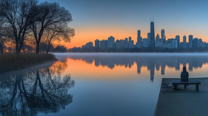 Fototapeta premium Peaceful city sunrise reflected on calm water