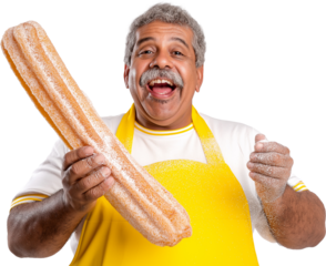 A man in a yellow apron holding a loaf of bread and a bag of powdered sugar