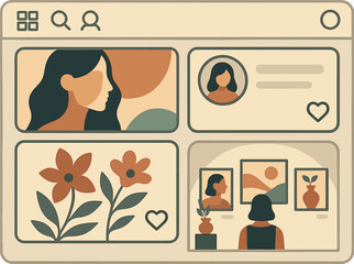 Vector illustration of a digital art gallery app with artwork tiles, artist profiles, like buttons, and exhibit preview. Artistic and curated style, no text, transparent background