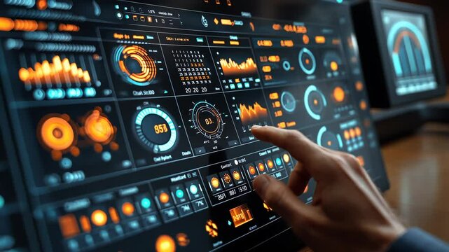 Interactive digital dashboard with multiple data visualizations.  A hand interacts with a high-tech display showing various performance metrics and charts - Powered by Adobe