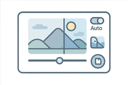 Vector illustration of a photo enhancement app with filter slider, auto-adjust toggle, before-after preview, and save button. Polished and photo-centric interface, no text, transparent background
