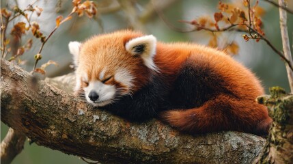 Sleeping Red Panda Curled on Tree Branch, Autumnal Forest