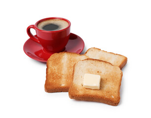 Tasty toast bread with butter and coffee isolated on white