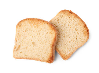 Two pieces of fresh toast bread isolated on white, top view