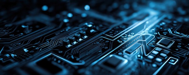 Circuit Board: A close-up shot of a circuit board, featuring intricate electronic pathways and components, glows with futuristic technological allure, the heart of modern digital innovation.