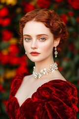 Elegant portrait of a woman in velvet against a floral backdrop of roses