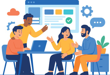 Depict team collaboration with shared screen, idea exchange, online workspace, and cross-functional team. Vector illustration, vibrant workspace energy, no text, transparent background