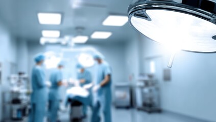 Surgical precision and teamwork in the operating room: A team of surgeons in action, illuminated by surgical lights, focused on the patient, emphasizing medical expertise.