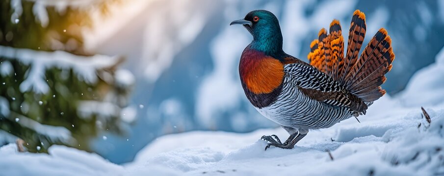 Himalayan monal standing in snow with vibrant plumage displayed beautifully