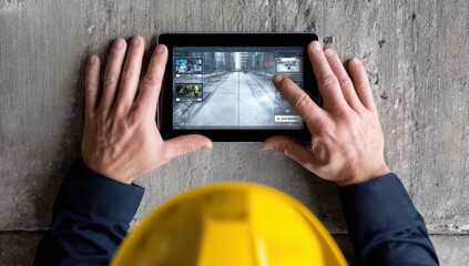 Tablet Technology: A construction worker wearing a yellow hard hat uses a tablet to display schematics, showcasing the application of technology in the building industry.