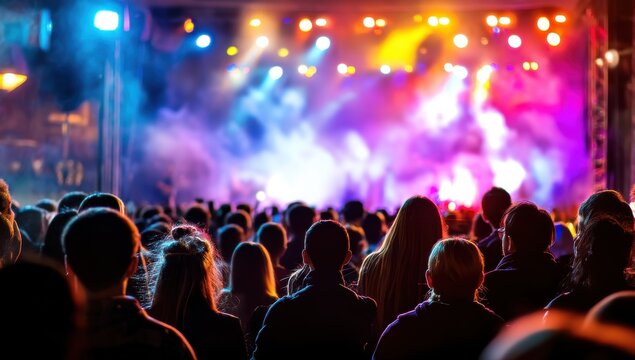 Crowd at a Concert: An enthralling concert scene, captured from the audience's perspective, shows a massive crowd enjoying a vibrant music performance under dazzling stage lights.  - Powered by Adobe