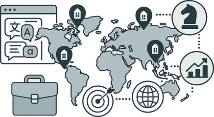 Depict international business expansion with globe map, branch pins, multilingual interface, and global strategy icons. Vector illustration, cross-border and strategic, no text, transparent