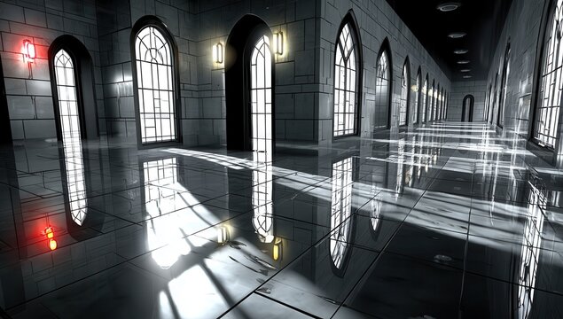 Architectural Symphony:  A long, symmetrical corridor of a Gothic architecture features large, arched windows, the polished, reflective floor mirroring the stunning architecture and shadows. A unique.