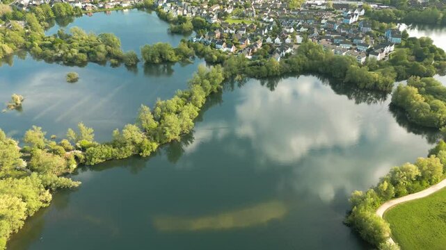 Aerial drone view of  Leybourne Lakes and housing estate, Aylesford, Kent, England