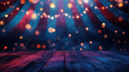 Vibrant stage with colorful bokeh lights and wooden floor