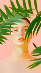 Young caucasian female posing with tropical leaves in soft light