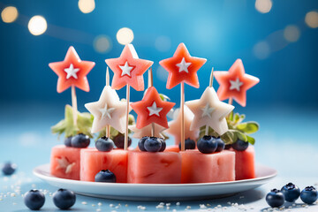 Obraz premium Festive Star-Shaped Fruit Kabobs with Watermelon, Pear, and Melon arranged on skewers, with a bright, playful presentation, making it a perfect treat for a party or special event. Horizontal, side vie