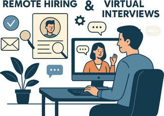 Remote hiring and virtual interviews. Vector illustration of HR process through online tools. Suitable for job platforms and talent acquisition.