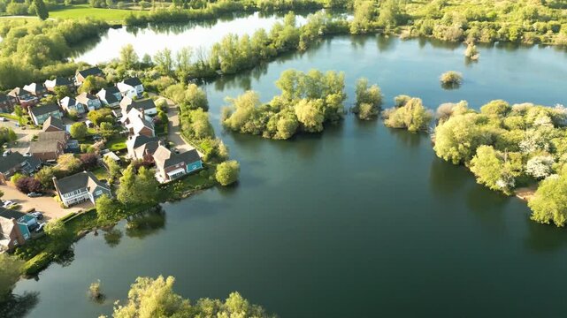 Aerial drone view of  Leybourne Lakes and housing estate, Aylesford, Kent, England