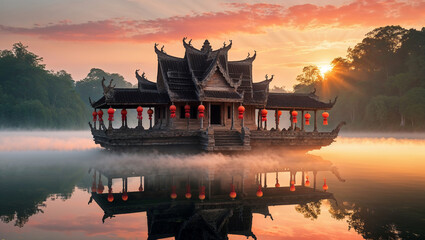 Oriental asian temple built in the middle of a serene lake