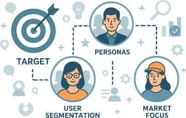 Target audience and customer profiling. Vector illustration of user segmentation, personas, and market focus. Ideal for digital marketing agencies.