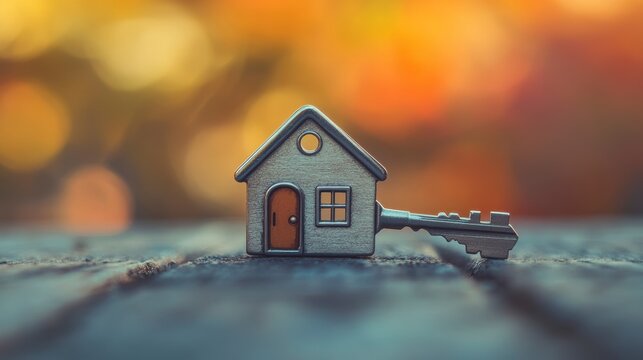 Miniature house key on wooden surface, autumn bokeh background.