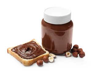 Toast with chocolate hazelnut spread and nuts isolated on white